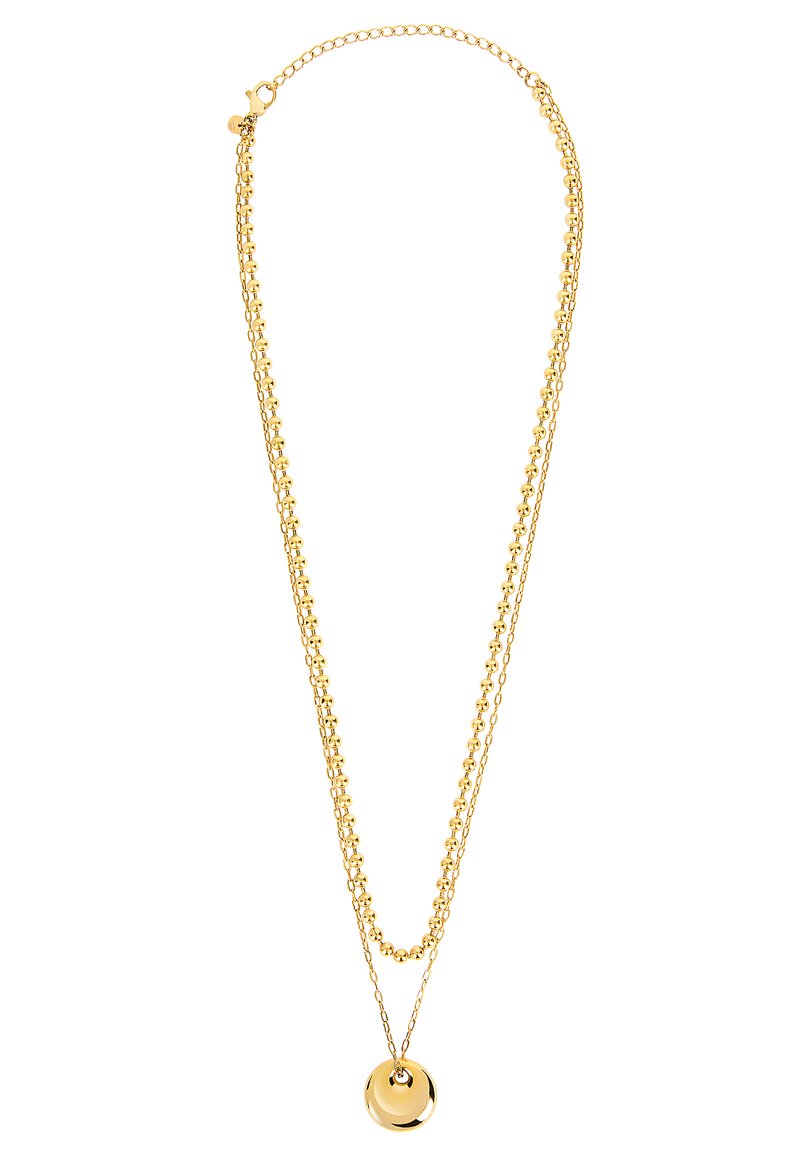 Goudkleurige dubbele ketting met een ronde hanger, voorzien van een gladde afwerking en afwisselende ovale en sferische schakels.