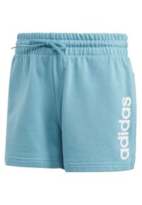 Light blue cotton blend shorts with a drawstring waistband and white "adidas" logo printed on the side. Soft texture, casual design.