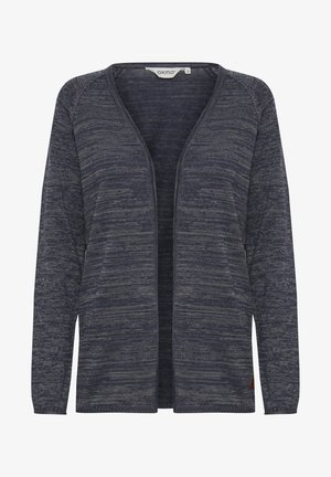 Granatowy kardigan wykonany z miękkiego dzianinowego materiału, z otwartym przodem, długimi rękawami i subtelnym teksturowanym wzorem na całej powierzchni.