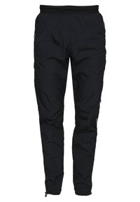 Svarta lätta träningsbyxor med elastisk midja, fickor med dragkedja på sidorna och justerbara dragsnören vid anklarna.