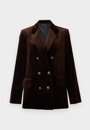 Blazer doppio petto in velluto marrone con bottoni in metallo dorato, rever a lancia e due tasche frontali. Texture liscia e design strutturato.