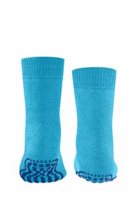 Türkisblaue Baumwollsocken mit gerippten Bündchen, ausgestattet mit strukturierten blauen rutschfesten Sohlen und einer glatten Oberfläche; Design in mittellanger Länge bis zur Wade.