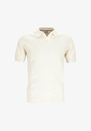 Kurzärmeliges cremefarbenes Strick-Poloshirt mit strukturiertem Muster und klassischem Kragen auf weißem Hintergrund.