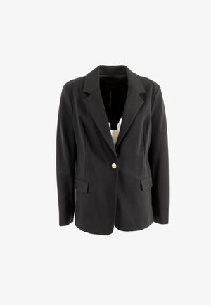 Blazer nero con un design aderente, presenta rever a punta, un singolo bottone dorato e due tasche frontali, realizzato in un tessuto liscio.