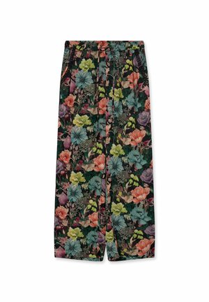 Pantaloni evazați cu talie elastică și imprimeu floral colorat, cu flori verzi, albastre, portocalii și violet pe un fundal închis.