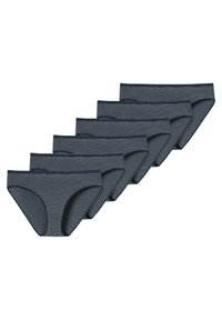 Set van vijf paar damesslipjes gemaakt van stretchstof, met een blauw-wit gestreept patroon en een gladde tailleband.
