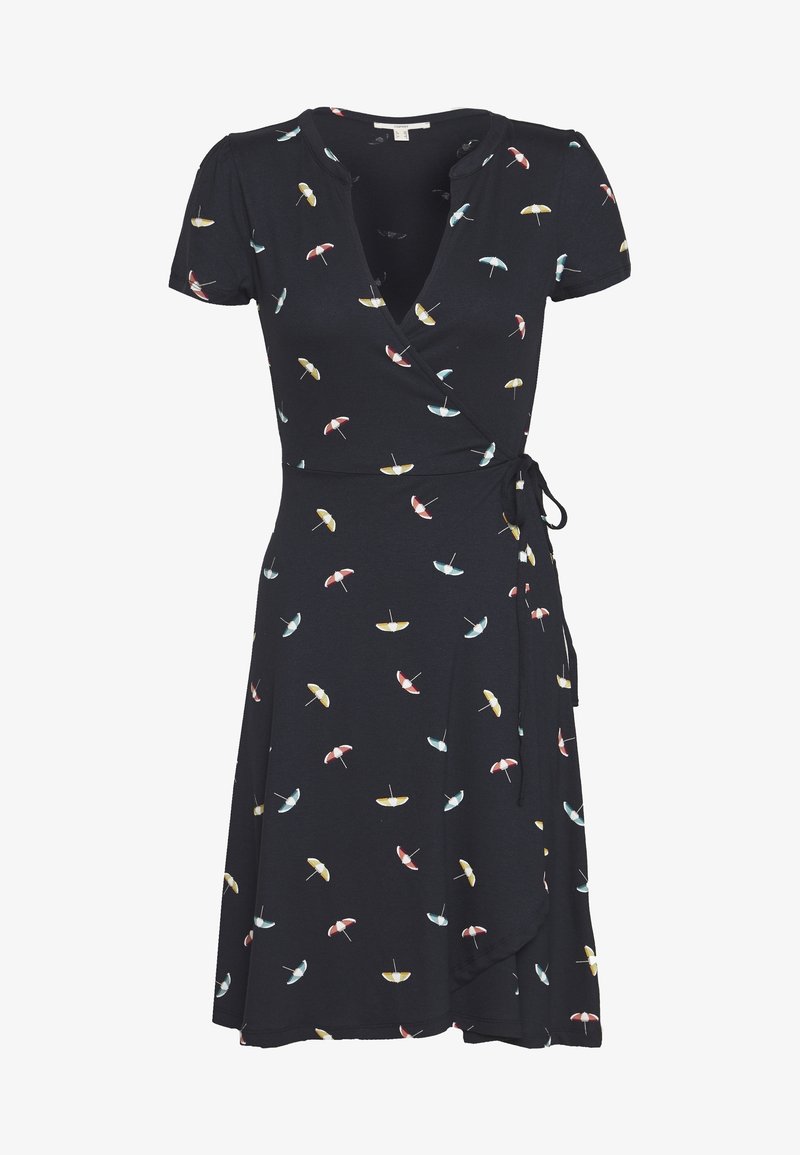 Musta kääremekko lyhyillä hihoilla, jossa on hajautettu kuvio värikkäistä sateenvarjoista. Valmistettu pehmeästä, joustavasta kankaasta.