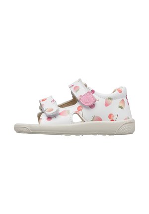 Sandalo bianco per bambini con motivi di fragole e ciliegie rosa, due fasce regolabili e suola in gomma beige.