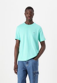 Mintgrønn T-skjorte med korte ermer laget av bomull, med rund hals og en liten logo på brystet. Kombinert med denim cargo-bukser.