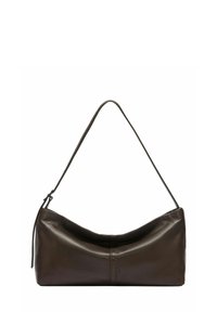 Ciemnobrązowa skórzana torba na ramię z pojedynczym paskiem i subtelnym pionowym przeszyciem na środku przedniej części.