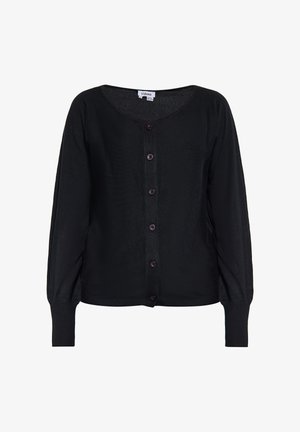 Juodas kardiganas, pagamintas iš minkštos medžiagos, turintis apvalią iškirptę, ilgomis rankovėmis ir sagčių užsegimu su tamsiomis sagomis.