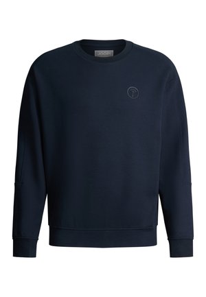 Felpa blu navy a maniche lunghe con scollo tondo, piccolo logo circolare sul petto a sinistra e polsini e orlo a coste.