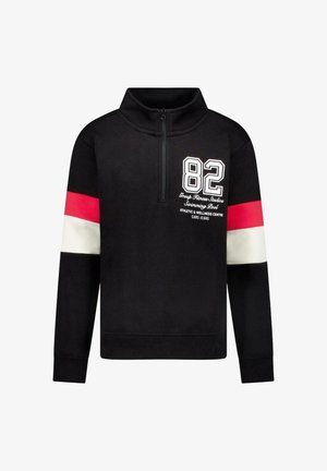 Zwart sweatshirt met ritssluiting, met witte en rode streepaccenten op de mouwen en het nummer "82" gedrukt op de voorkant. Zachte stofafwerking.