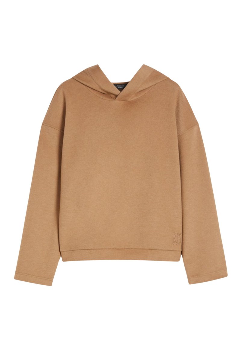 Beige übergroßer Kapuzenpullover mit langen Ärmeln, lockerer Passform und dezentem Logo-Stick auf der rechten Seite des unteren Saums.