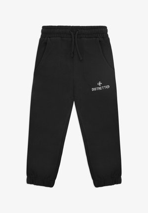 Pantaloni della tuta neri in cotone, con vita elastica regolabile tramite coulisse, tasche laterali e logo bianco stampato sulla coscia.