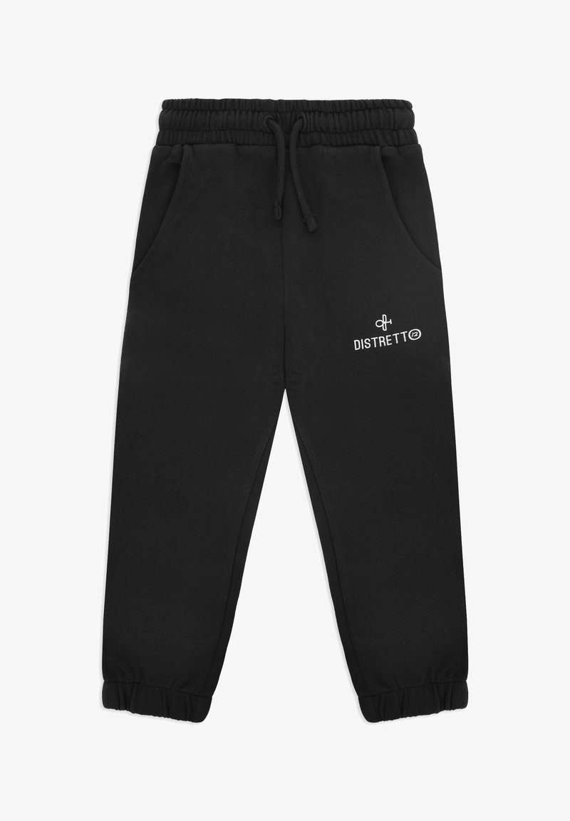 Pantaloni della tuta neri in cotone, con vita elastica regolabile tramite coulisse, tasche laterali e logo bianco stampato sulla coscia.