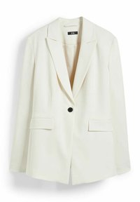 Witte blazer van gladde stof, met een ingesneden revers, één zwarte knoopsluiting en twee voorkanten met zakken.