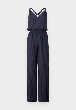 Tamsiai mėlynas kombinezonas su laisvu siluetu, su smulkiai rauktu liemeniu, suvyniotais petnešomis ir rakto skylute priekyje. Lengvas audinys.