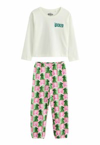 Tvådelat pyjamas-set med en vit långärmad topp som har "WICKED" i grönt, och byxor med mönster i rosa, grönt och vitt med enhörningsmotiv.