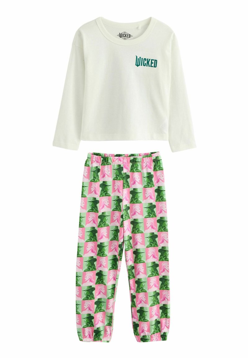 Tvådelat pyjamas-set med en vit långärmad topp som har "WICKED" i grönt, och byxor med mönster i rosa, grönt och vitt med enhörningsmotiv.