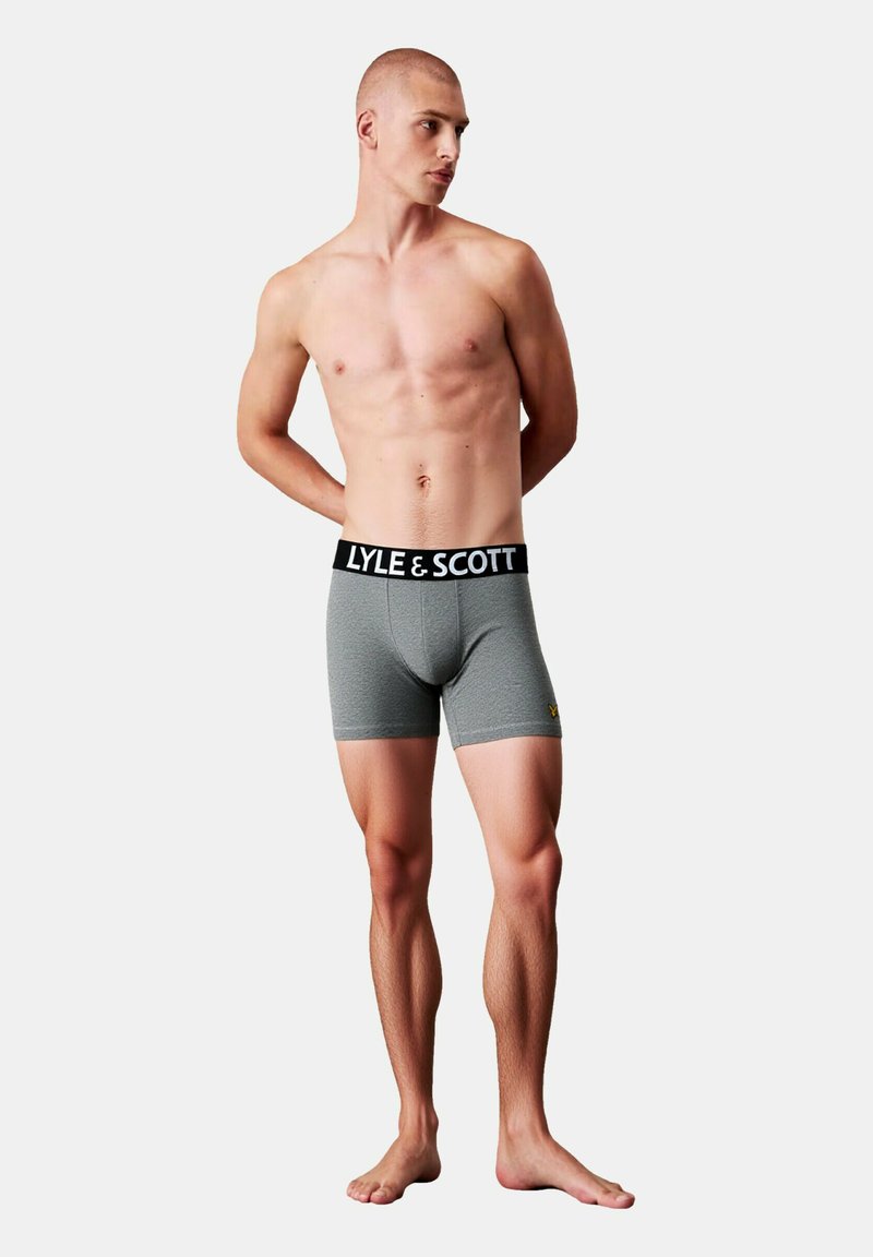 Boxer gris avec une ceinture noire portant le logo "LYLE & SCOTT". Tissu lisse avec une coupe ajustée. Modèle debout pieds nus, les bras derrière le dos.