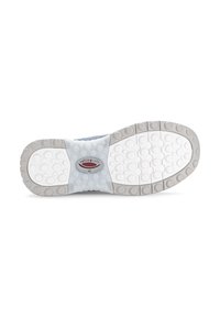 Lichte schoenzool van grijs en wit rubber met textuur, voorzien van cirkelvormige patronen voor grip, en een centraal logo.
