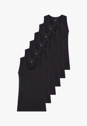 Sei canotte nere con scollo a U, realizzate in tessuto morbido, caratterizzate da un design semplice senza motivi o dettagli visibili.