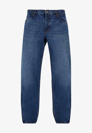 Jeans en denim bleu foncé avec une coupe droite, couture visible, design à cinq poches et fermeture par bouton à la taille. Finition propre.