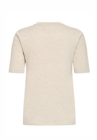 T-shirt beige à manches courtes avec col rond classique. Texture douce et design simple, avec un dos uni sans logos ni motifs visibles.