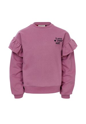 Różowa bluza z okrągłym dekoltem, falbanowatymi rękawami i czarnym nadrukiem z napisem "Love your self." Ściągacze na dole i przy mankietach. Gładka faktura.