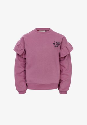 Sweat-shirt rose avec encolure ronde, manches à volants et texte imprimé noir "Love your self." Taille et poignets côtelés. Texture lisse.