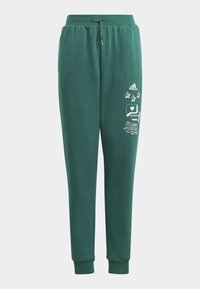 Pantalones deportivos verdes hechos de tela suave, con una cinturilla elástica y cordón, puños ajustados y acentos gráficos en blanco.