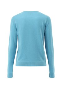 Blauer gestrickter Pullover mit langen Ärmeln, geripptem Saum und Bündchen sowie einem runden Halsausschnitt, der eine glatte, weiche Textur zeigt.