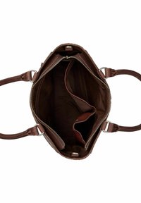 Borsa a mano in pelle marrone con chiusura a zip, un interno suddiviso in due scomparti principali e due tasche laterali. Texture liscia.