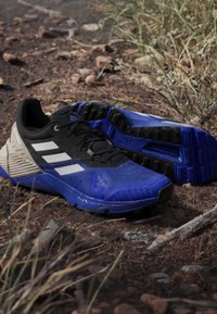 Siniset ja mustat urheilukengät, joissa on teksturoitu verkko-osa, valkoiset korostusraidat ja kumipohja, jossa on pidon urat, asetettu luonnolliselle pinnalle.