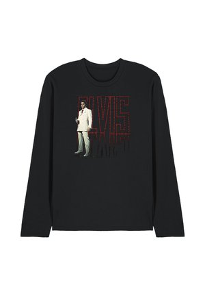 Schwarzes langärmliges Hemd mit einer Grafik eines Mannes in weißem Anzug, der ein Mikrofon hält, und hinter ihm große rote, gepunktete Buchstaben, die ELVIS bilden.