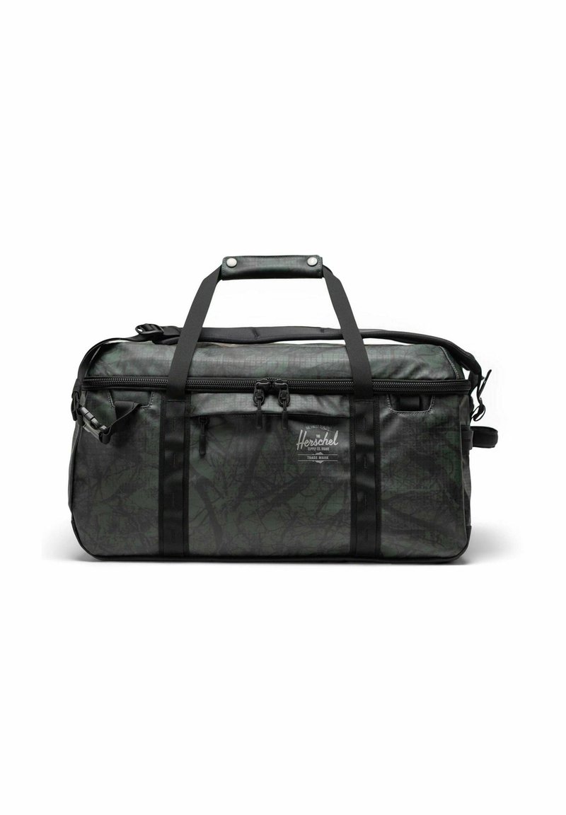 Sac de sport noir et vert avec un motif camo texturé, double poignées, bandoulière et zippers. Logo Herschel sur le devant.
