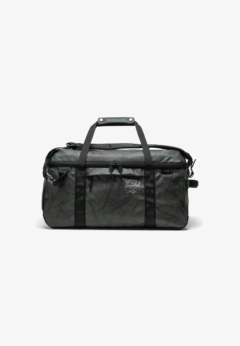 Sac de sport noir et vert avec un motif camo texturé, double poignées, bandoulière et zippers. Logo Herschel sur le devant.