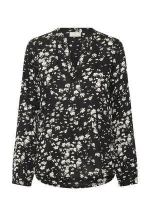 Blusa nera a maniche lunghe con scollo a V e motivo floreale astratto bianco. Tessuto leggero con orlo leggermente curvato.