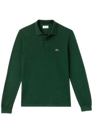 Dark green long-sleeve polo shirt made of textured fabric. Features a collared neckline and a small Lacoste logo on the left chest.