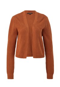Strukturierte, rostfarbene Strickjacke mit V-Ausschnitt, offener Vorderseite und langen Ärmeln. Das gerippte Muster mit ausgeprägten Nähten sorgt für visuelles Interesse.