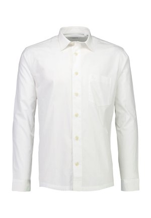 Camisa blanca de algodón de manga larga con cuello abotonado, bolsillo frontal y botones amarillos. Textura suave y corte clásico.