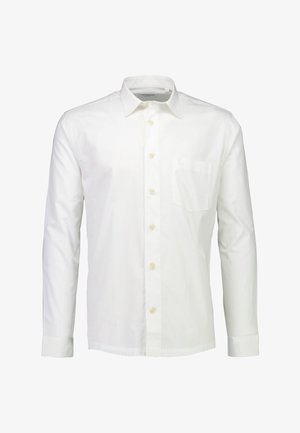 Chemise blanche en coton à manches longues avec col boutonné, poche avant et boutons jaunes. Texture lisse et coupe classique.