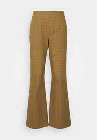 Καφέ, φαρδιά παντελόνια φτιαγμένα από υφασμάτινη υφή με διαμαντένιο σχέδιο και εκλεπτυσμένες λεπτομέρειες, διαθέτοντας εφαρμοστό μέσο και φαρδιές ποδιές.