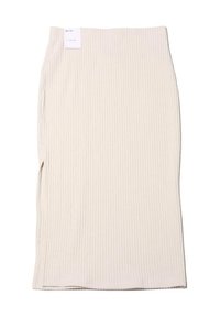 Gonna midi beige a coste in tessuto elasticizzato, con spacco laterale per facilitare i movimenti, con etichetta attaccata in vita.