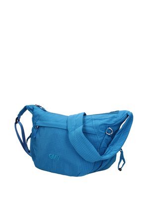 Blauwe crossbodytas met verstelbare band, voorvak met rits en geborduurd GVIV-logo, gemaakt van gestructureerde stof met gridpatroon.