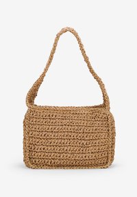 Bolso de paja tejido de forma rectangular, color marrón claro y con una asa gruesa para el hombro. Superficie texturizada con un patrón uniforme.