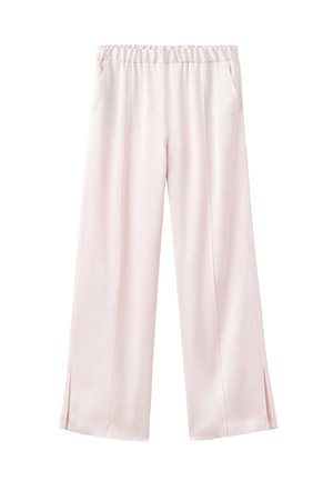 Pantaloni a gamba larga rosa chiaro realizzati in un tessuto liscio e setoso. Presentano una vita elastica e spacchi sui orli per un tocco di dettaglio in più.