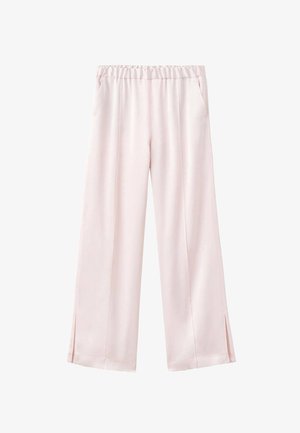 Light pink wide-leg pants made from a smooth, silky fabric. Features an elastic waistband and side slits at the hems for added detail.