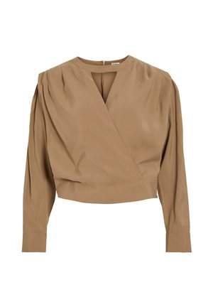 Blouse portefeuille en tissu doux de couleur brun clair. Caractérisée par des manches longues bouffantes, un décolleté en V profond et un ourlet court avec de légers plis.